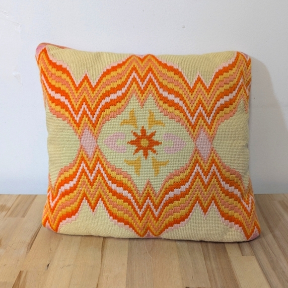 Vintage Other - MCM Needlepoint Orange Geometric Throw Pillow Velvet Flame Stitch Vintage